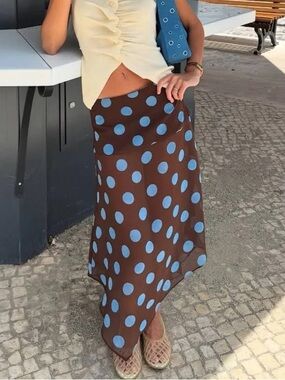 Zara Brown Blue Polka Dot Asymmetric Sheer Midi Skirt Low Rise Womens Size XS
